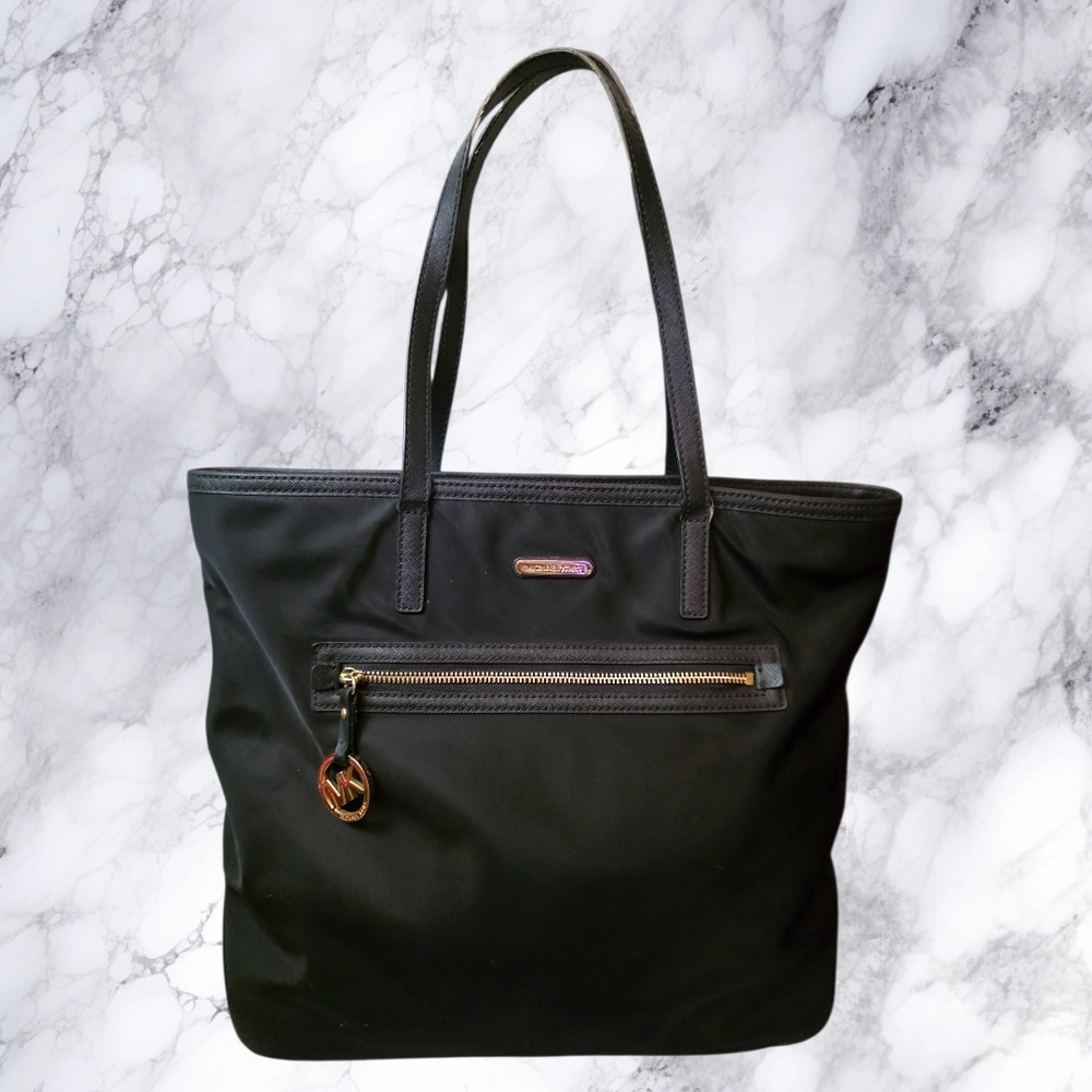 Michael Kors Black Nylon Tote Bag Large MK Zip Travel Work Shoulder Bag